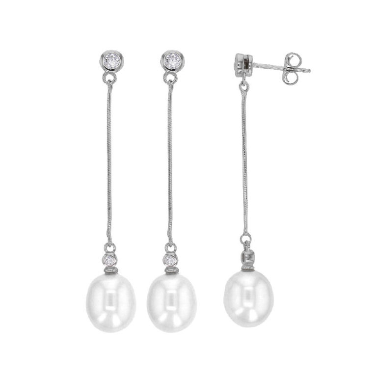 boucles oreilles perle eau douce et oxyde de zirconium argent rhodie lvl