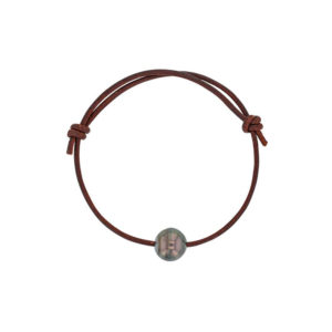 bracelet cordon cuir marron perle de tahiti cerclee ajustable lvl M