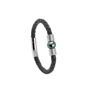 bracelet cuir de vachette noir et acier perle de tahiti cerclee lvl
