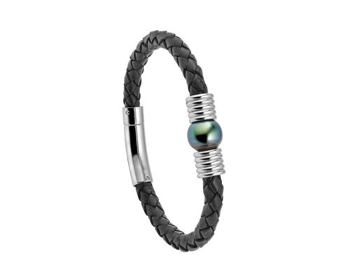 bracelet cuir de vachette noir et acier perle de tahiti cerclee lvl