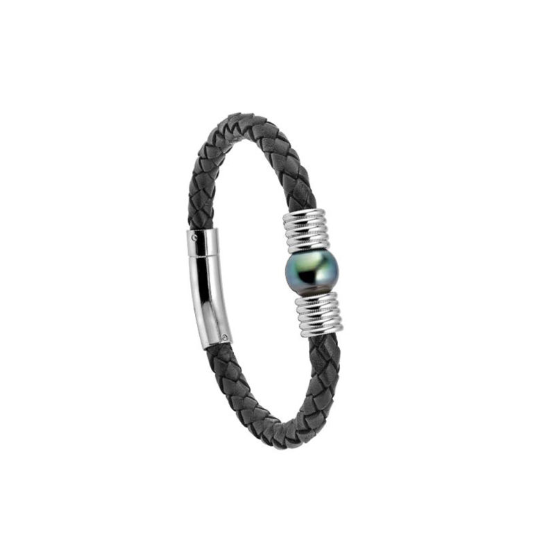 bracelet cuir de vachette noir et acier perle de tahiti cerclee lvl