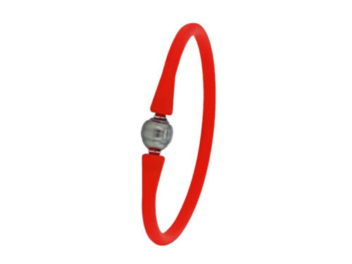 bracelet silicone rouge et acier perle de tahiti baroque cerclee lvl R