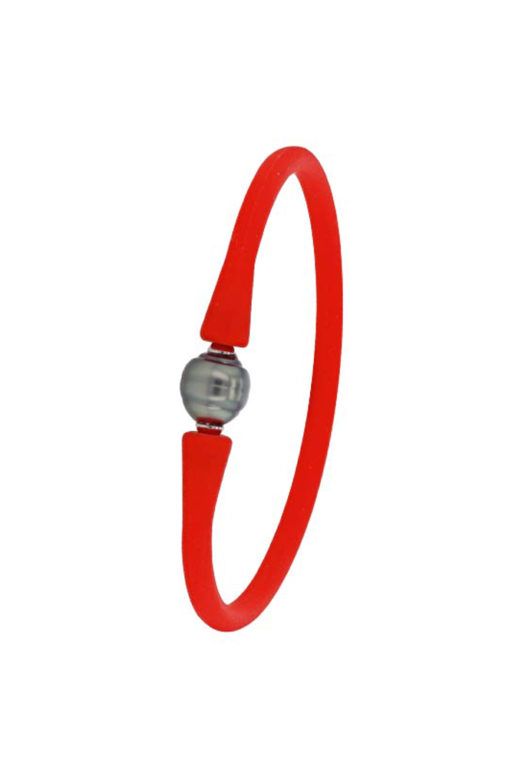 bracelet silicone rouge et acier perle de tahiti baroque cerclee lvl R
