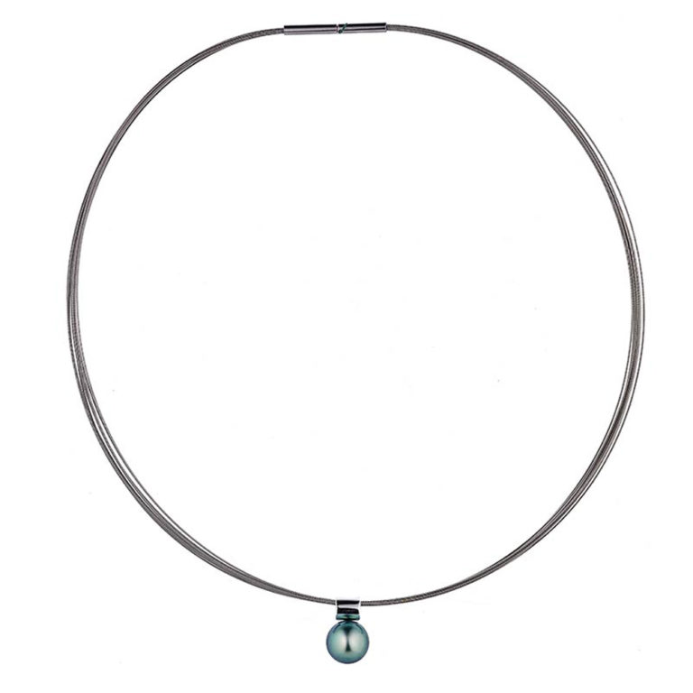 collier acier gris avec perle de tahiti ronde fermoir baionnette lvl G