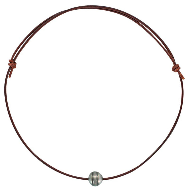 collier cordon cuir marron perle de tahiti cerclee ajustable lvl M
