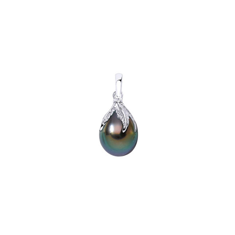 pendentif perle de tahiti poire baroque beliere feuilles argent rhodie lvl